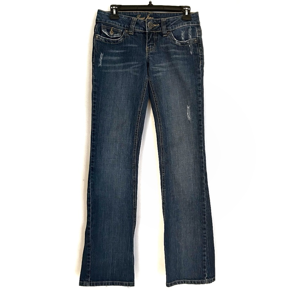 Guess Jeans Doheny Flare Blue Jeans Pants Low Rise Real Pockets Gold Distressed